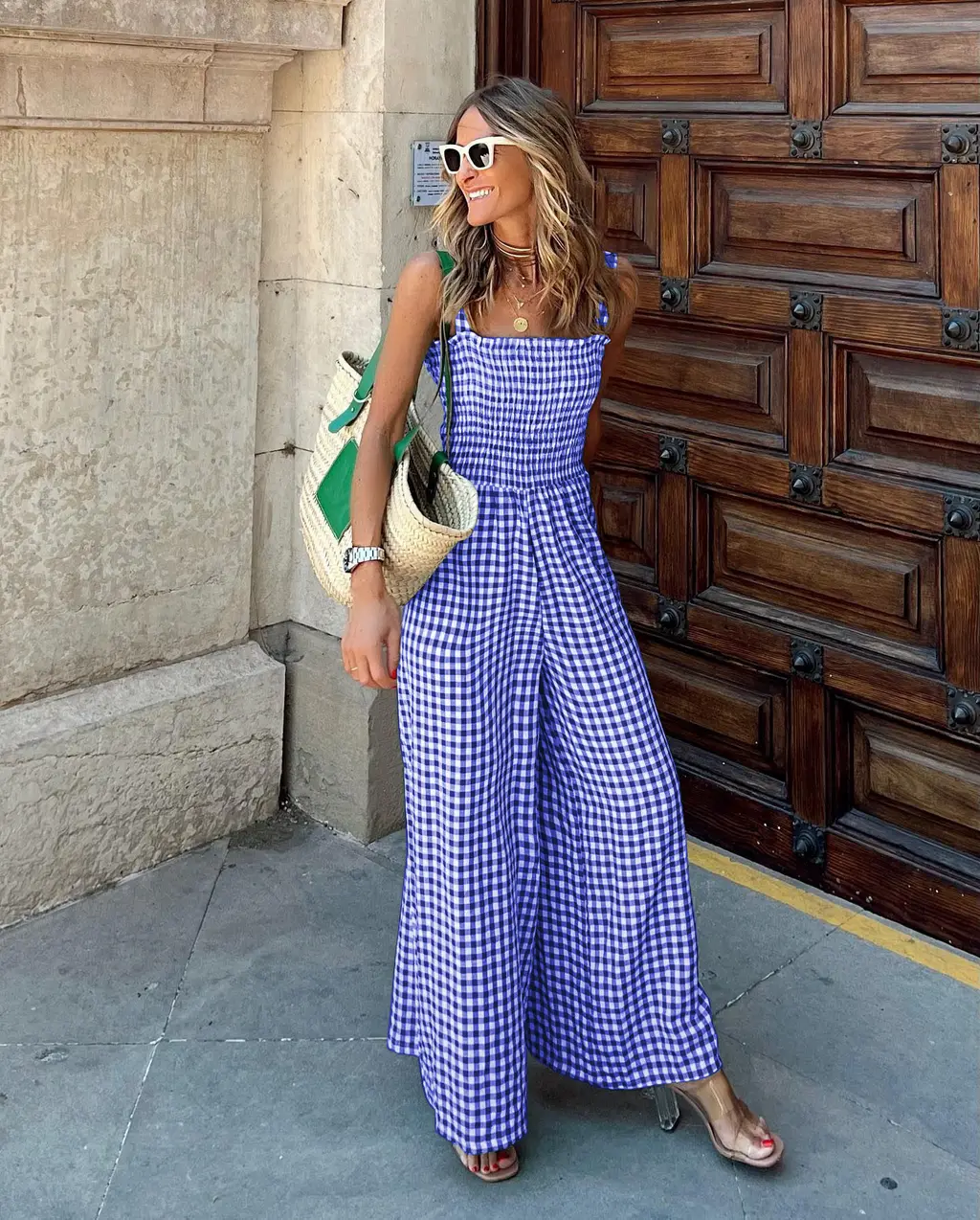 Checked Side Pocket Wide-Leg Trousers Casual Jumpsuit - Navy Blue