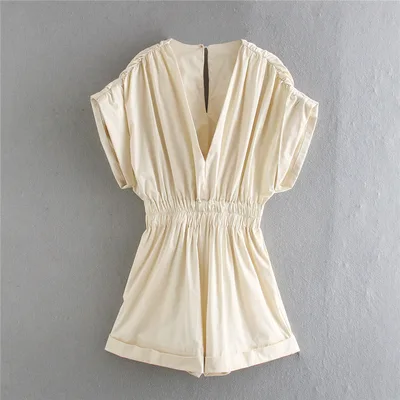 Pleated Jumpsuit Elastic Waist V neck Shorts Beige - Shop at LoveMi