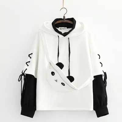 College Wind Panda Fake Two Piece Plus Fleece Hooded Sweater Women White - Shop at LoveMi