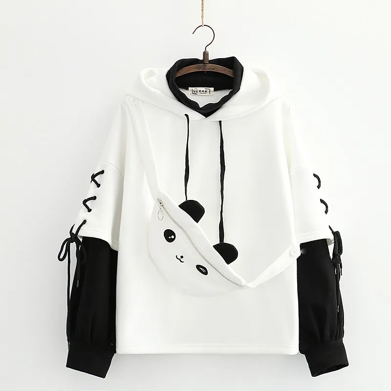 College Wind Panda Fake Two-Piece Plus Fleece Hooded Sweater Women - White