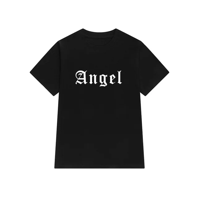 Large Version Medium And Long Angel Letter Short sleeved T shirt Women Black - Shop at LoveMi