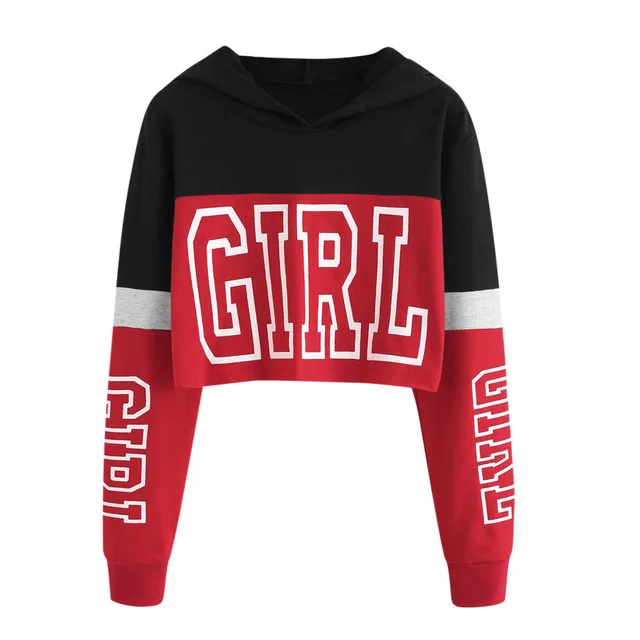 Crop Top Hoodie Sweatshirt Hoodies Women Patchwork Lett Red - Shop at LoveMi