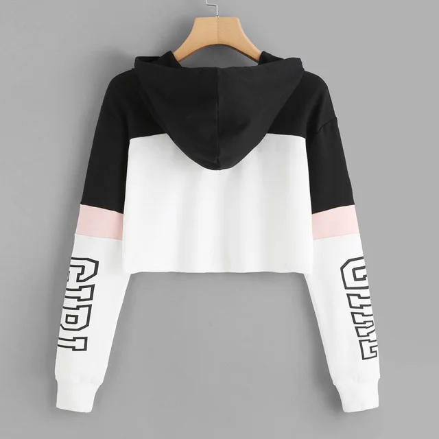 Crop Top Hoodie Sweatshirt Hoodies Women Patchwork Lett White - Shop at LoveMi