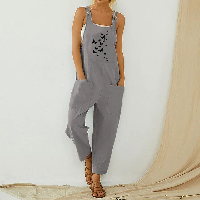 Loose Butterfly Print Bib Pants Casual Women's Trousers Grey - Shop at LoveMi
