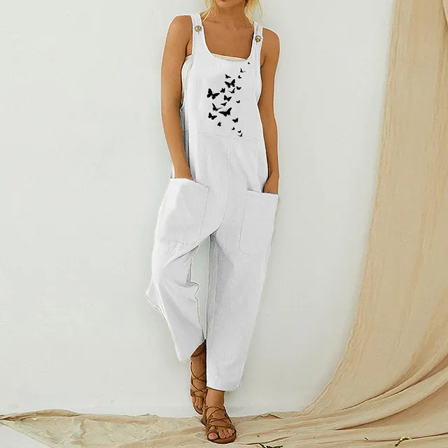 Loose Butterfly Print Bib Pants Casual Women's Trousers White - Shop at LoveMi