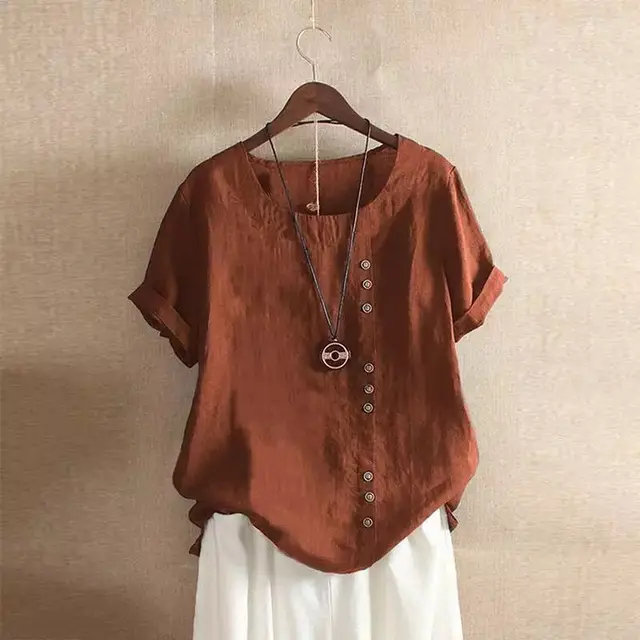Retro Plus Size Casual Loose CottonAnd LinenShort Sleeves Brown - Shop at LoveMi