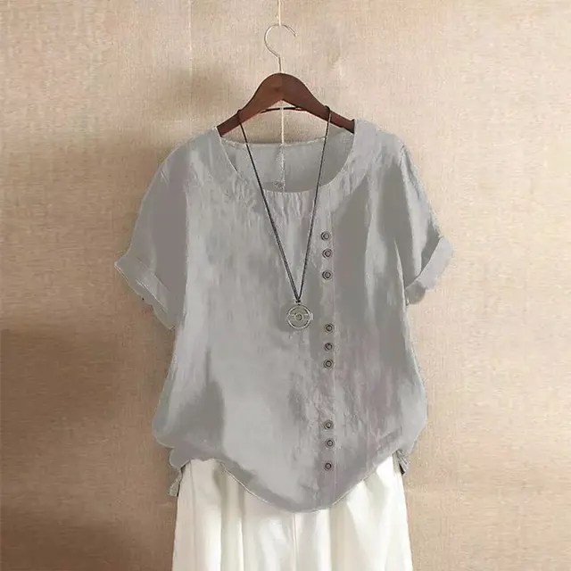 Retro Plus Size Casual Loose CottonAnd LinenShort Sleeves Grey - Shop at LoveMi