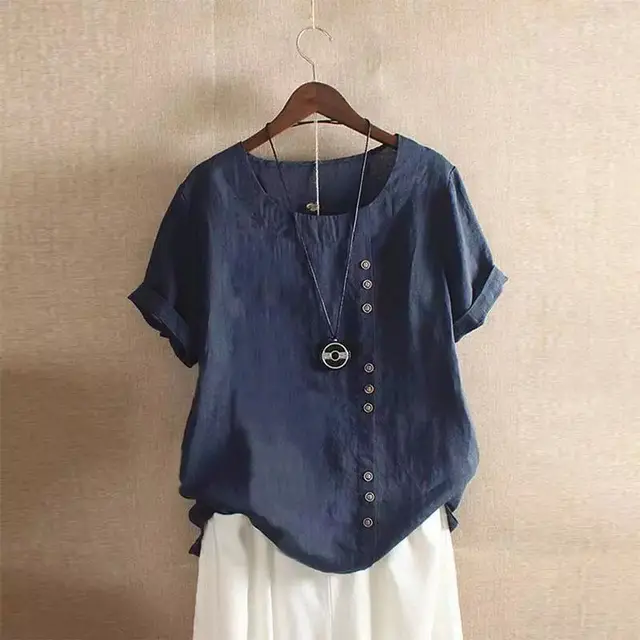 Retro Plus Size Casual Loose CottonAnd LinenShort Sleeves Navy Blue - Shop at LoveMi