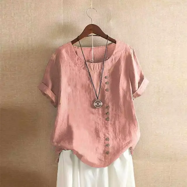 Retro Plus Size Casual Loose CottonAnd LinenShort Sleeves Pink - Shop at LoveMi
