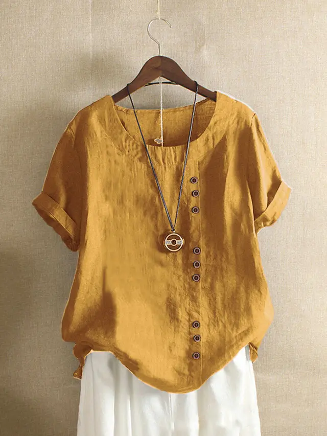 Retro Plus Size Casual Loose CottonAnd LinenShort Sleeves Yellow - Shop at LoveMi