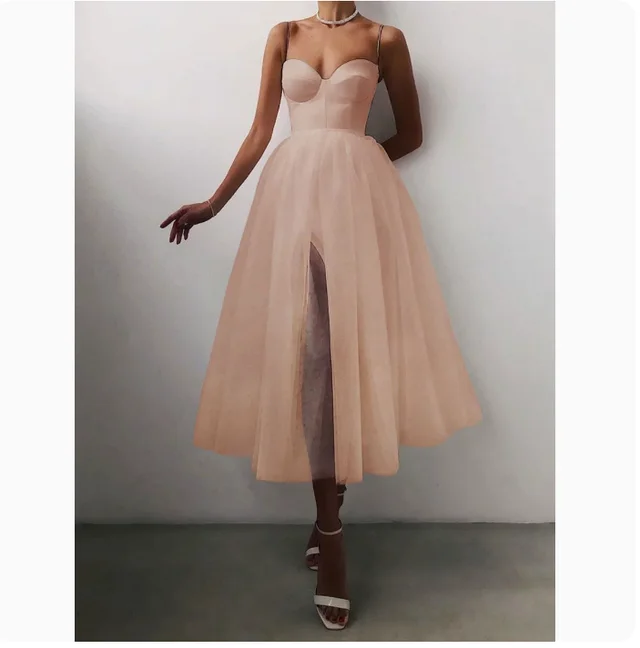 Pure Color Mesh French Retro Dress European And American Tube Top Suspender Skirt Apricot Color - Shop at LoveMi