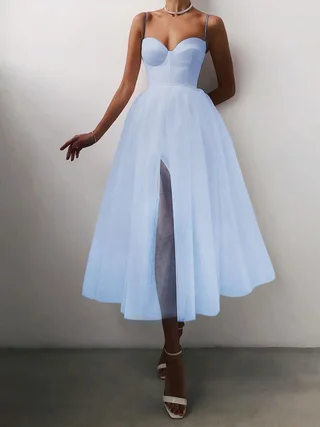 Pure Color Mesh French Retro Dress European And American Tube Top Suspender Skirt - Light Blue