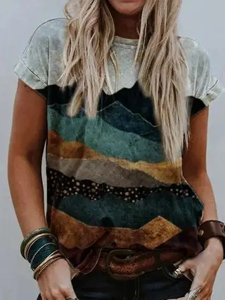 Ladies' Landscape Print Short Sleeve T-Shirt Shirt - 1