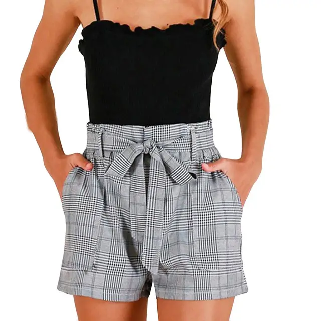 Ladies Plaid Elastic Belt Pocket Cotton Linen Shorts Grey - Shop at LoveMi