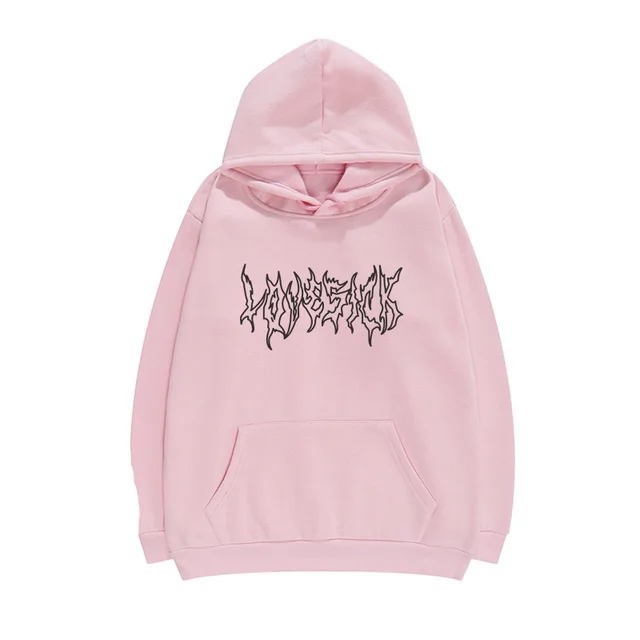 Creative Letters Lovesick Dark Line Lazy Style Sweater Women Loose Hooded Pink - Shop at LoveMi