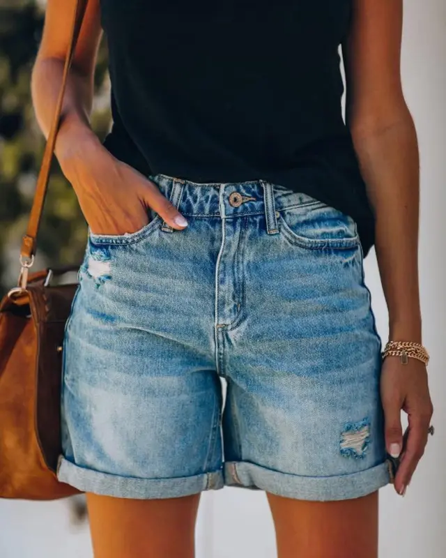 Summer European and American Ladies Denim Ripped Washed Shorts Blue - Shop at LoveMi