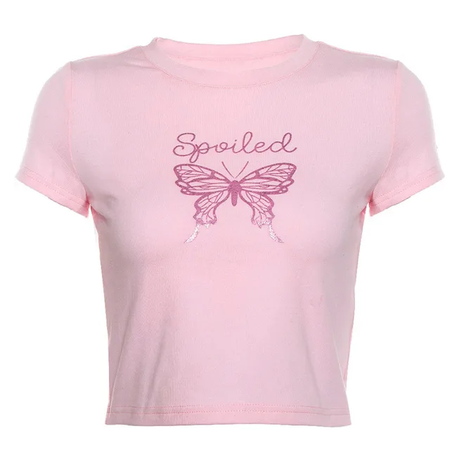 Short Sleeved Round Neck Cropped Bottoming Shirt Pink - Shop at LoveMi