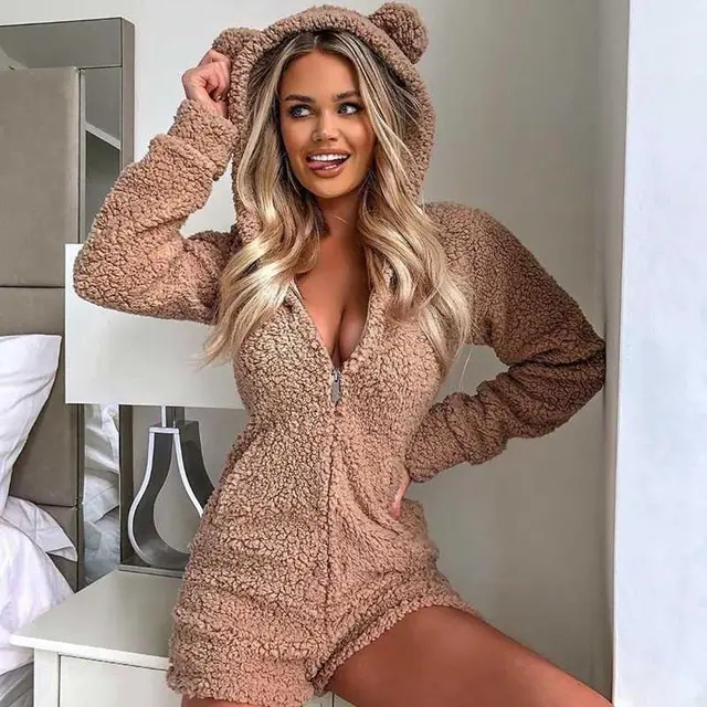 Hooded Long Sleeve Plush Jumpsuit Khaki - Shop at LoveMi