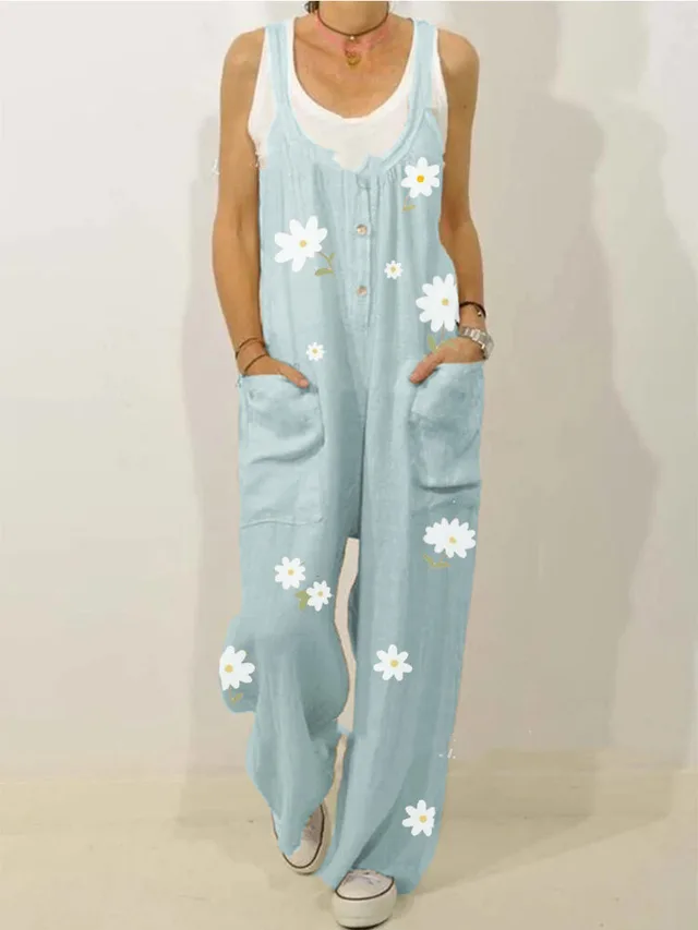 European And American New Style Cotton And Linen Printed Jumpsuit Blue - Shop at LoveMi