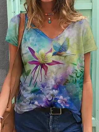 Asuka print V-neck short-sleeved T-shirt - 4