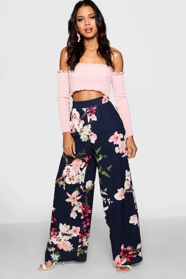 High Waisted Loose Printed Wide Leg Trousers Navy Blue - Shop at LoveMi