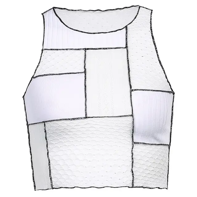 Patchwork Sleeveless Navel Wavy Knitted T shirt White - Shop at LoveMi