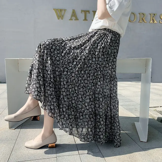 Retro High Waist All match Floral Chiffon Skirt Black - Shop at LoveMi