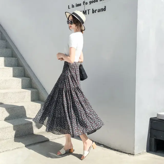 Retro High Waist All match Floral Chiffon Skirt Brown - Shop at LoveMi