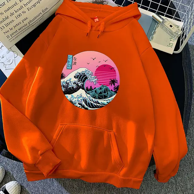 Big Sea Wave Printed Pattern All Match Personalized Hooded Sweater Orange - Shop at LoveMi