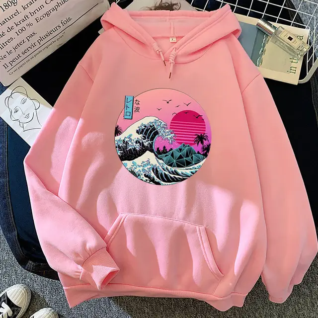 Big Sea Wave Printed Pattern All Match Personalized Hooded Sweater Pink - Shop at LoveMi