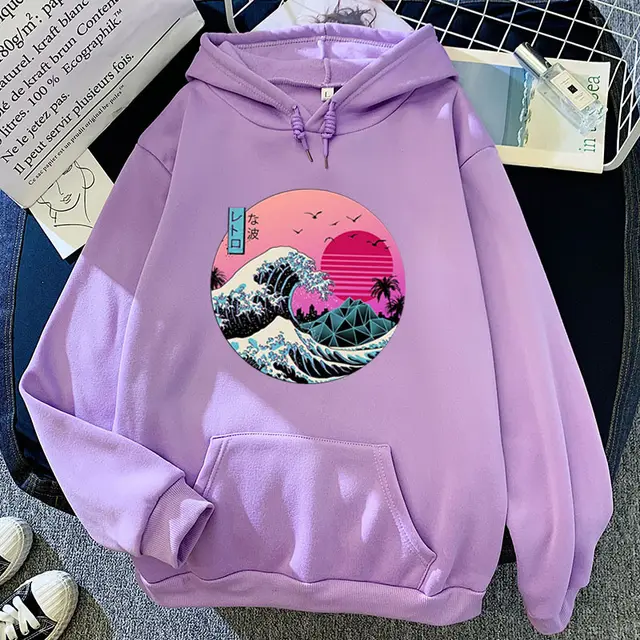 Big Sea Wave Printed Pattern All Match Personalized Hooded Sweater Purple - Shop at LoveMi