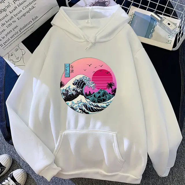 Big Sea Wave Printed Pattern All Match Personalized Hooded Sweater White - Shop at LoveMi