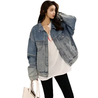 Women's Lapel Short Casual Loose Long-sleeved Blouse Jacket - Blue