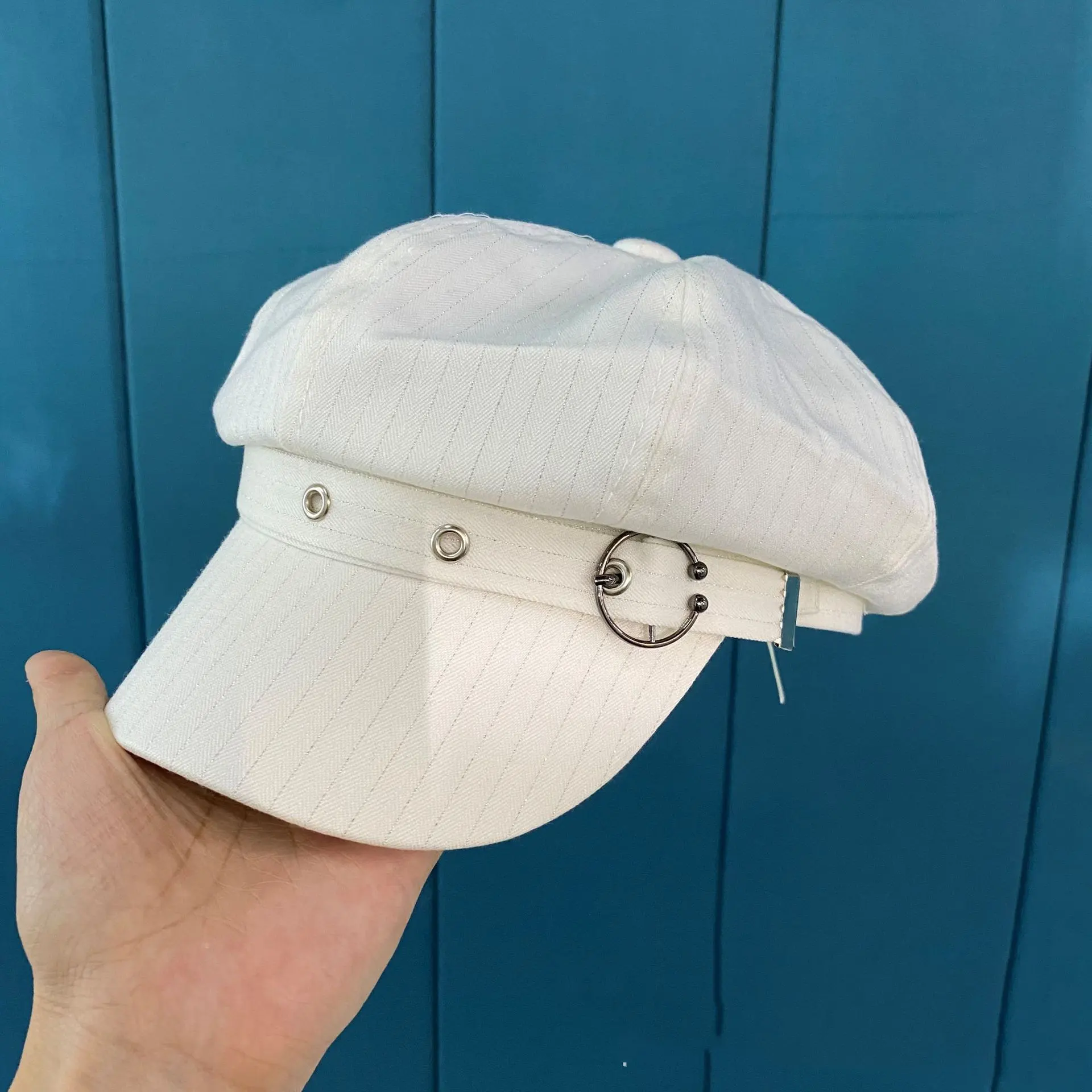 Striped Hoop Octagonal Hat Vintage Beret - White
