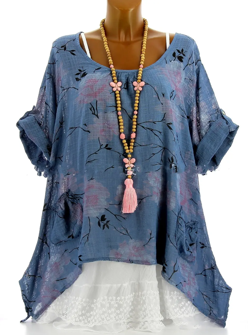Printed Long-sleeved T-shirt For Women With Buttons - Dark Blue