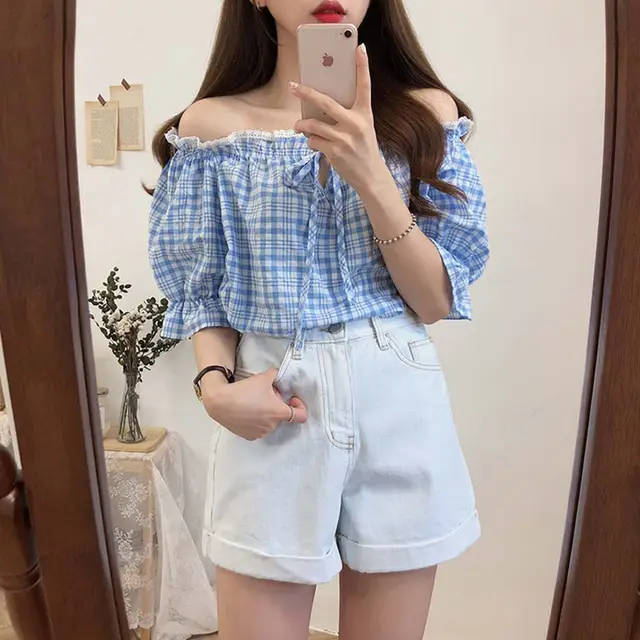 Short Sleeved Plaid Shirt Women's Summer New Small Fresh and Versatile Blue - Shop at LoveMi