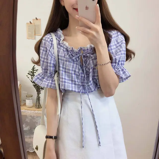 Short Sleeved Plaid Shirt Women's Summer New Small Fresh and Versatile Purple - Shop at LoveMi