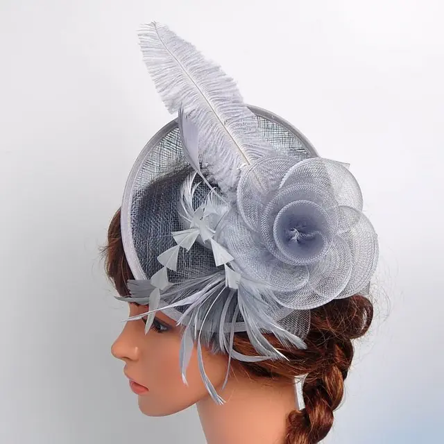 Hemp Yarn Ostrich Wool Western Style Banquet Top Hat Sliver Grey - Shop at LoveMi
