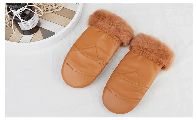 Leather Mittens Women's Winter Thickened Casual Warm Cycling Leather Gloves Brown - Shop at LoveMi