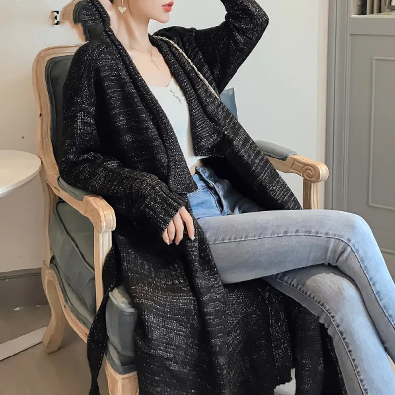 Mixed Color Belt Sweater Jacket Lady - Black