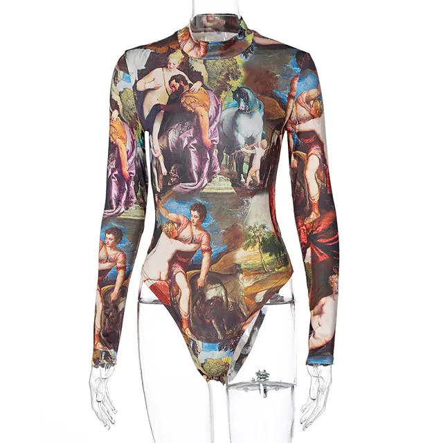 French Retro Fashion Printed Long sleeved Slim Bodysuit Brown - Shop at LoveMi