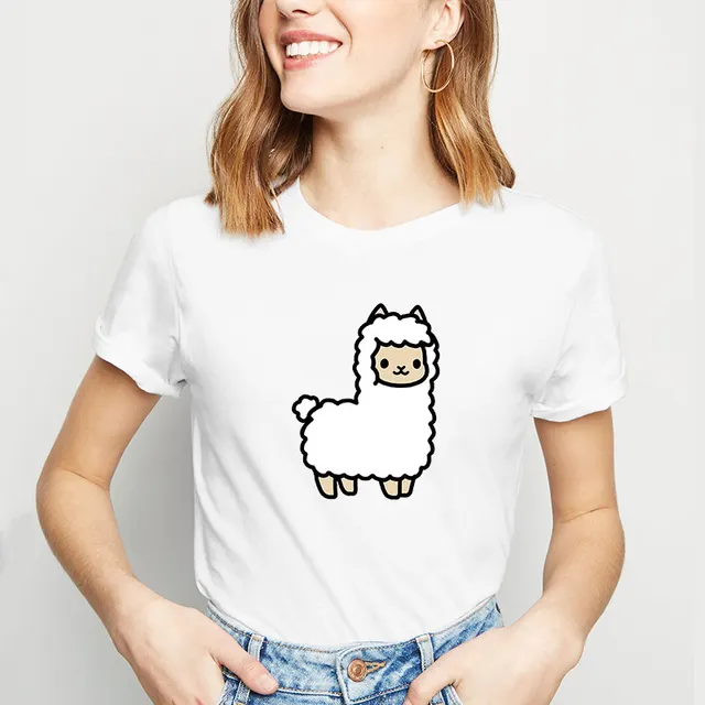 Pure White T shirt With Stylish Alpaca Short Sleeves In Print - Shop at LoveMi