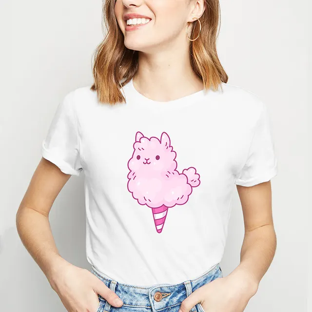 Pure White T shirt With Stylish Alpaca Short Sleeves In Print - Shop at LoveMi