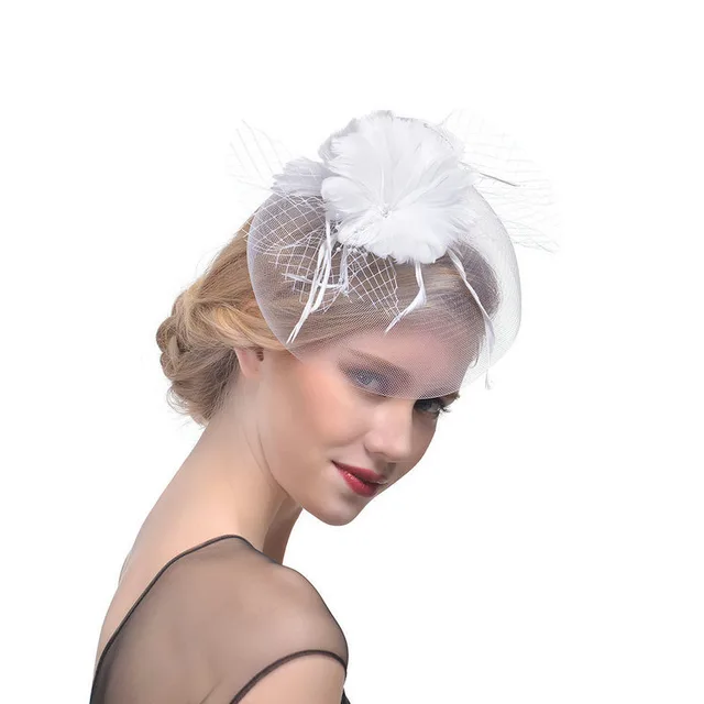 Feather Headdress Bridal Net Yarn Hairpin Ball Party Hair Accessories White - Shop at LoveMi