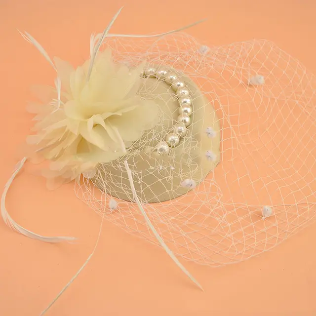 Celebrity Flower Veil Small Top Hat Hair Accessory Hairpin Beige - Shop at LoveMi