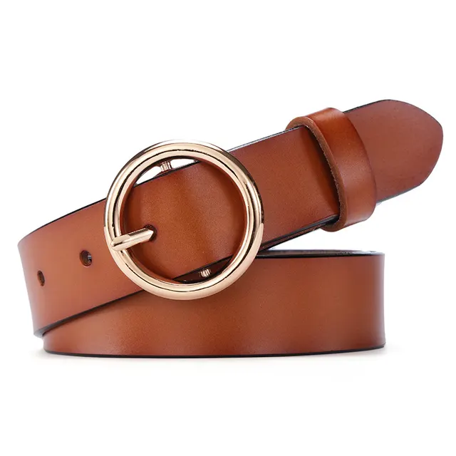 Round Buckle Belt Women Leather Korean Version Belt Brown - Shop at LoveMi