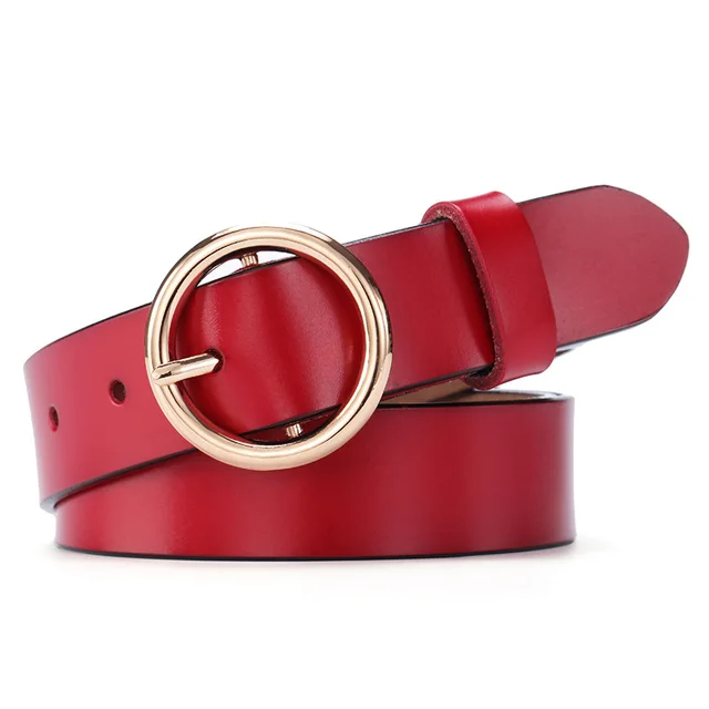 Round Buckle Belt Women Leather Korean Version Belt Red - Shop at LoveMi