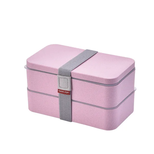 Double Layer Rectangular Wheat Straw Lunch Box Pink - Shop at LoveMi