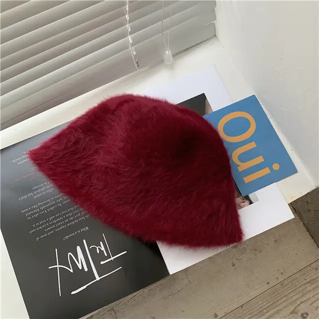 Cute Rabbit Plush Pot Hat Female Wild Cold Proof Warm Bucket Hat Wine Red - Shop at LoveMi