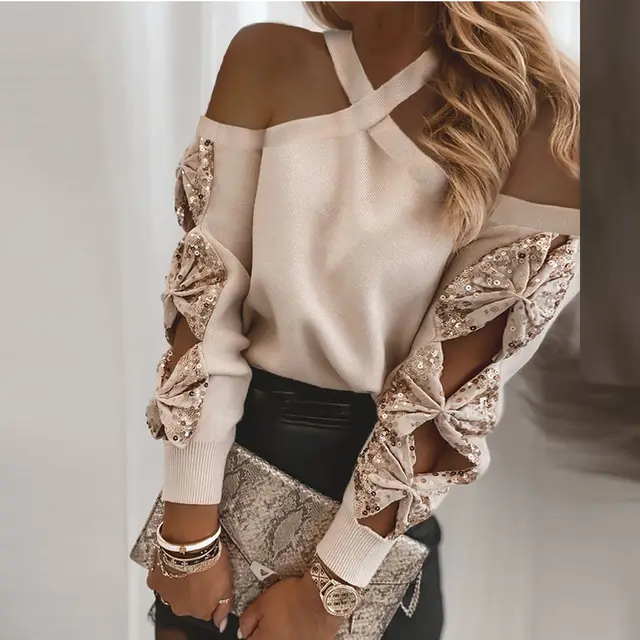 European And American Sequined Long Sleeved Top Pink - Shop at LoveMi